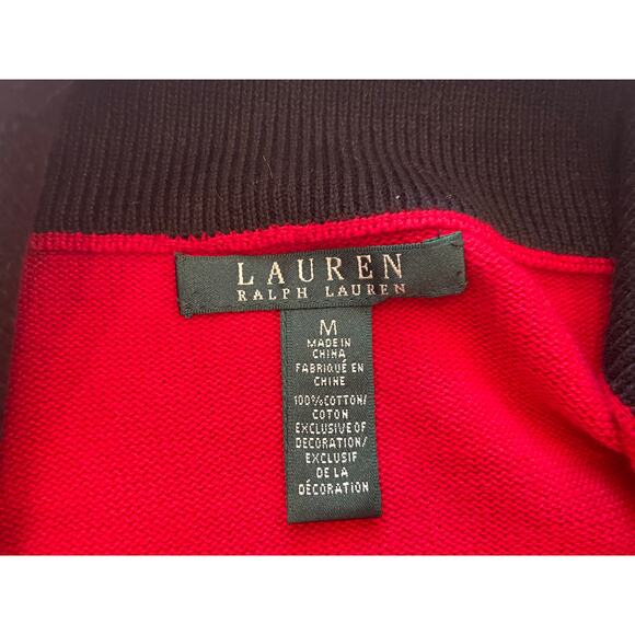 Lauren Ralph Lauren Cotton Red, White Black Stripe 1/4 Zip Sweater, Preppy, M - Picture 7 of 11